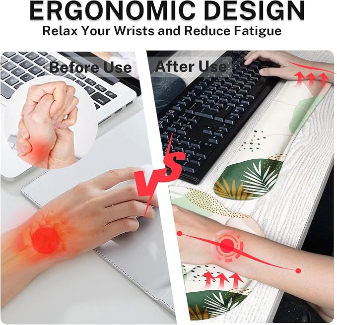 Ergonomic Mouse Pad Set with Wrist Rest, Boho Leaves | Green Non-Slip Rubber Base Wrist Cushion Support and Coasters Mousepad with Wrist Support for Computer Keyboard