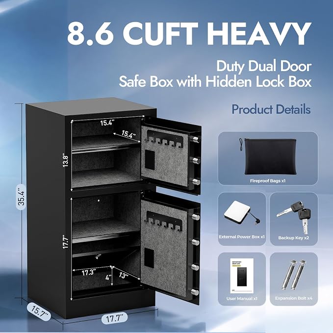 KAER 8.6 CuFt Extra Large Heavy Duty Home Safe Box with Hidden Lock Box | Dual Door, Digital Keypad, Adjustable Shelf, Anti-Theft Alarm, for Home Office Documents, Fireproof Waterproof Bag