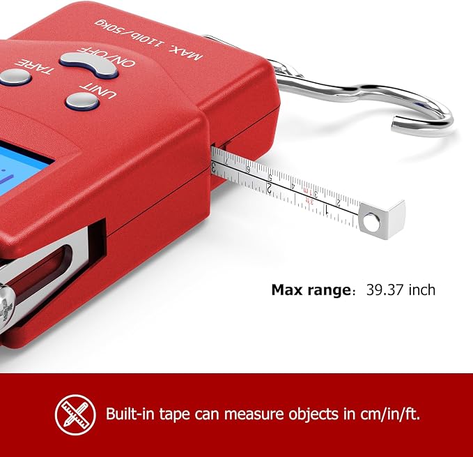 Dr.meter Fish Scale, 110 lb Digital Luggage Scale with Tape | 110 lb Capacity, Backlit LCD, Built-In Tape, Includes 2 AAA Batteries, Compact Pocket Size