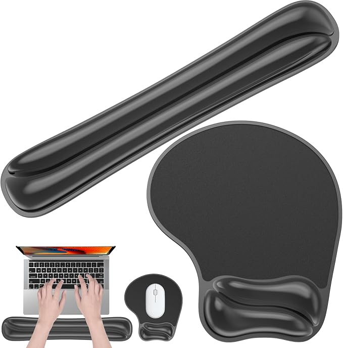 Gel Wrist Rest Mouse Pad Set, Ergonomic Support for Office Gaming | Ergonomic Keyboard and Mousepad with Wrist Support,Cooling Comfort, Non-Skid Base, Easy Clean, for Home and Work Desk Black