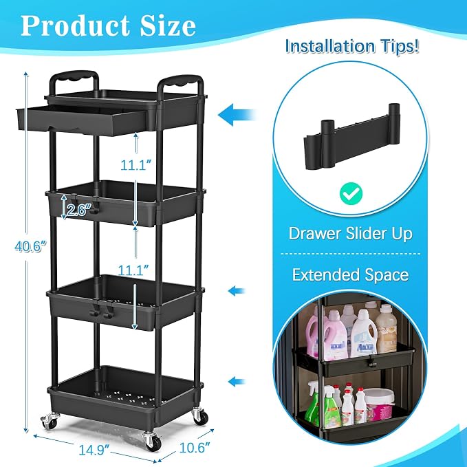 SUNALLY 4 Tier Rolling Cart with Drawer, Craft Storage Cart Organizer,Black | Bathroom Storage Organizer with 2 Lockable Wheels, Rolling Utility Cart for Kitchen, Office, Baby, Makeup, Nail,Snack,Laundry