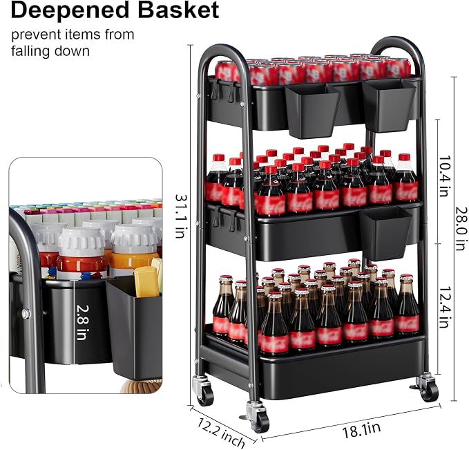 3 Tier Rolling Cart Metal with Wheels, Heavy Duty Three Tiered Rolling Storage Cart on Wheels, Black Utility Roller Carts Organizer for Baby, Art, Craft, Snack,Book, Nail, Diaper Caddy, Cleaning, Dorm