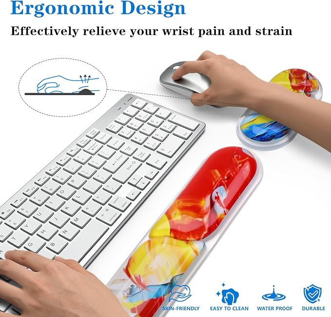 Keyboard and Mouse Wrist Rest, Silicone Gel Ergonomic Mouse Pad with Wrist Rest Set, Gaming Mousepad Arm Cushion Support for Computer Office Desk Accessories (Clear Gel Colorful - 2)