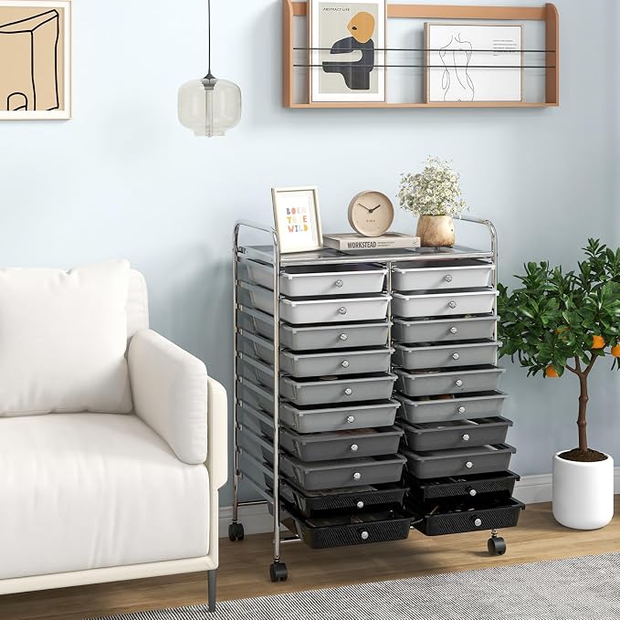 COSTWAY 20-Drawer Rolling Storage Cart, Utility Storage Organizer Cart | For Tools, Scrapbook, Paper, Craft, Multipurpose Storage Trolley on Wheels for Home Office School (Mixed Black)