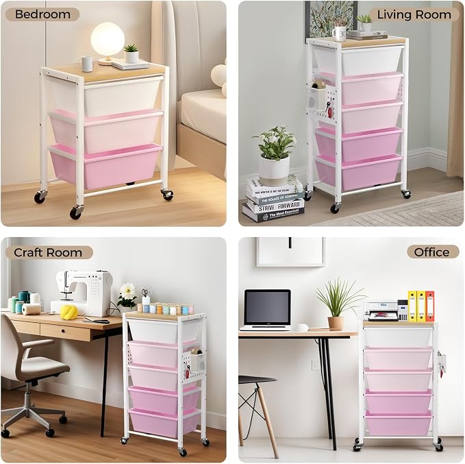 Rolling Cart with 4 Drawers, Plastic Drawer Storage Carts with Wheels & Wooden Tabletop, Metal Utility Cart with Pegboards, Office Living Room Classroom Craft Organization and Storage, Bright Pink