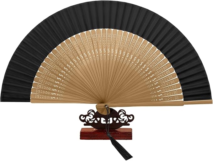 EOSAU Bamboo Hand Fan Foldable 8.3 Inch, Portable Folding Fan with Pouch for Church Wedding Makeup, Small Decorative Cooling Fan for Women (Black/Bamboo Frame)