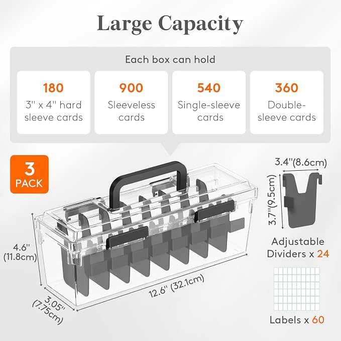 Lifewit Trading Card Storage Box fit for Toploader, Stackable Reinforced Latch Case with 8 Adjustable Dividers, Writable Labels, Organizer for MTG TCG Sports Baseball Bulk Cards, 3 PCS