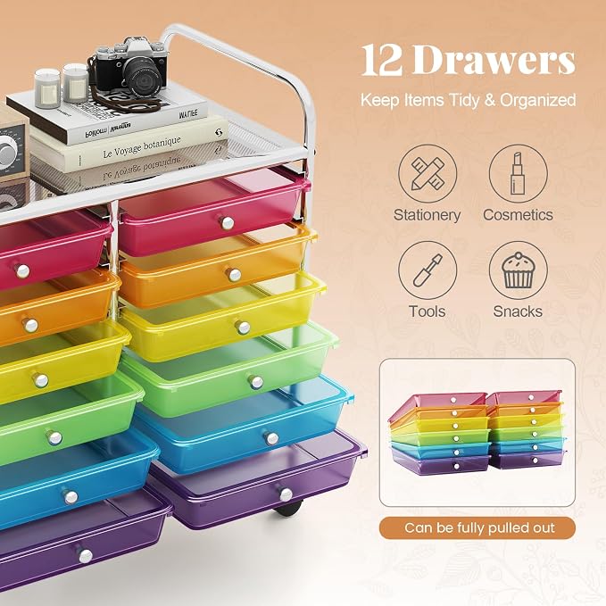 COSTWAY 12-Drawer Rolling Storage Cart, Utility Storage Organizer Cart | For Tools, Scrapbook, Paper, Craft, Multipurpose Art Supply Organizer on Wheels for Home Office School, Teacher, Rainbow