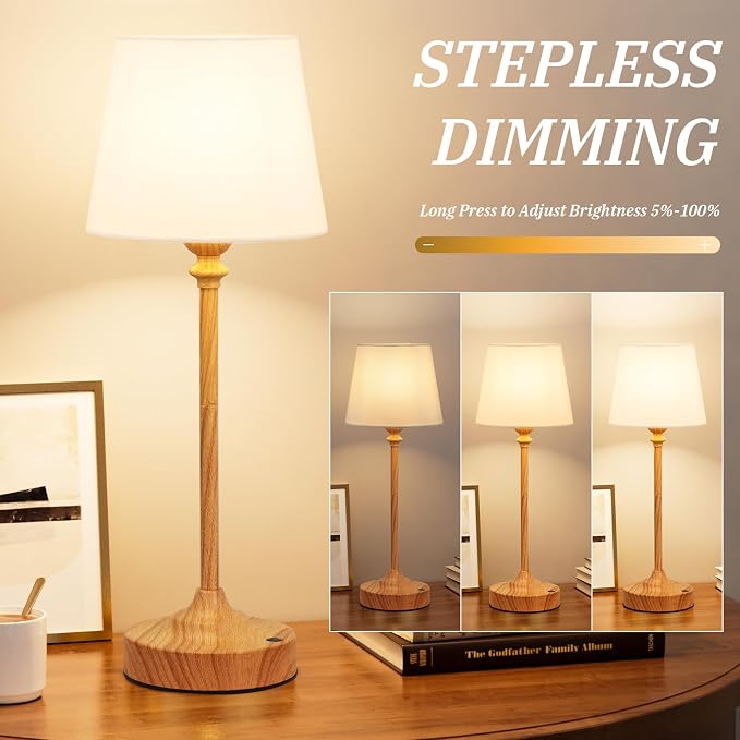 Kakanuo Cordless Table Lamps Rechargeable Set - 2 Pack Wooden 4000mAH Battery Operated Lamps for Decor, 3000K Stepless Dimming Touch Control Wireless Lamps for Bedroom, Dining Table