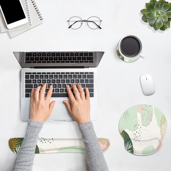 Ergonomic Mouse Pad Set with Wrist Rest, Boho Leaves | Green Non-Slip Rubber Base Wrist Cushion Support and Coasters Mousepad with Wrist Support for Computer Keyboard