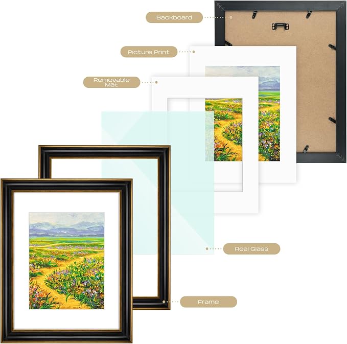 Golden State Art, 11x14 Photo Frame With Mat for Pictures 8x10 and Real Glass (Black With Antique Gold Trim - White Color Mat, 1.25 Inch Frame Border)