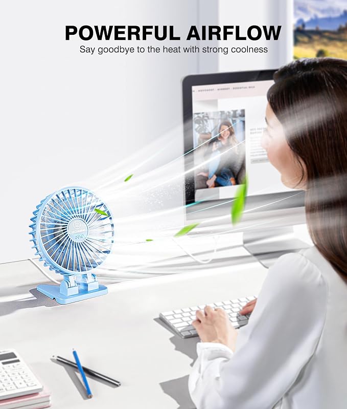 JZCreater USB Desk Fan, Mini Fan Portable, 3 Speeds Desktop Table Cooling Fan, Plug in Power Fan, Rotation Strong Wind, Quiet Personal Small Fan for Home Desktop Office Travel Bedroom, Blue