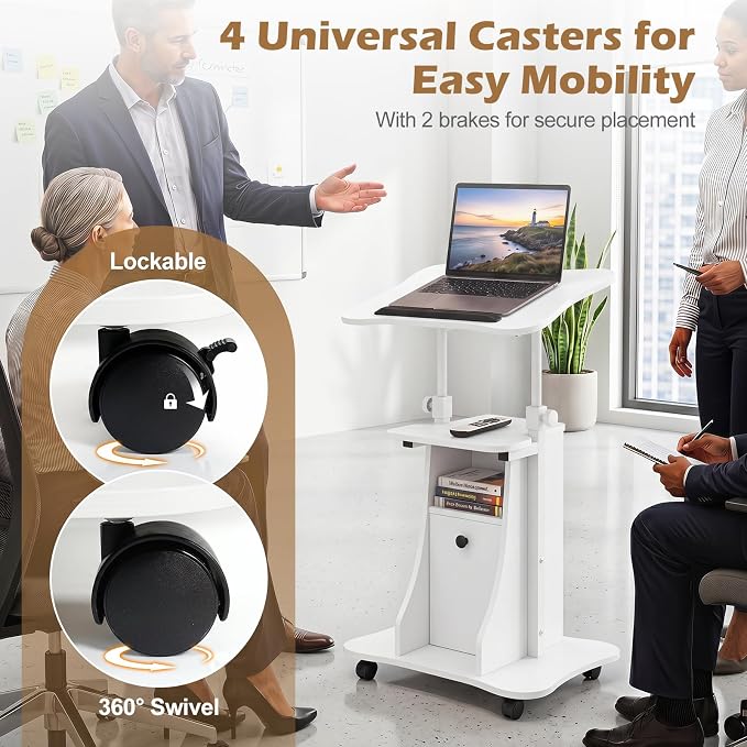 Tangkula Rolling Lectern Podium Stand, Height Adjustable Laptop Table with Tilting Tabletop & Storage Shelves, Compact Standing Desk with Lockable Casters for Home Office School (White)
