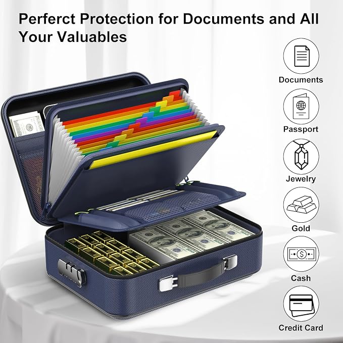 Fireproof Document Box with Lock, Hard Fireproof Document Organizer | Hard-Shell Fireproof Waterproof Safe Box with Combination Lock Blue