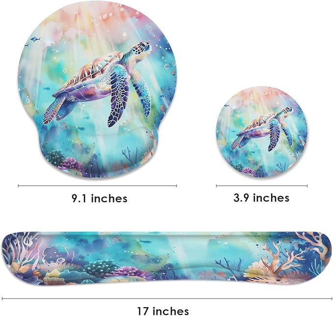 Ergonomic Mouse Pad Set with Wrist Rest, Cute Sea Turtle | Coral Reef Ocean Non-Slip Rubber Base Wrist Cushion Support and Coasters Mousepad with Wrist Support for Computer Keyboard