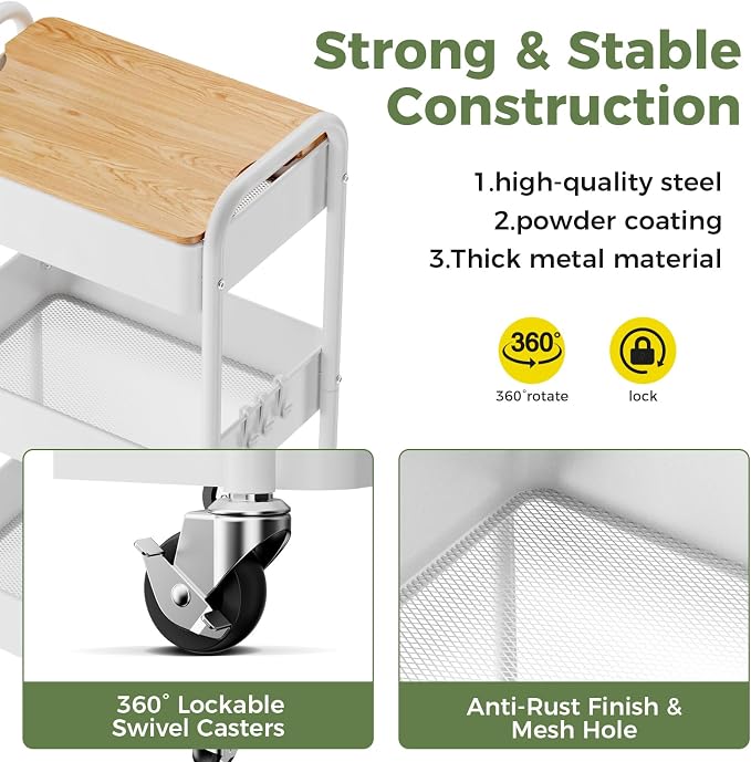 3-Tier Rolling Cart with Table Top, Metal Utility Cart on Wheels | Sturdy Storage Organizer Cart with Lockable Wheels&Hooks for Craft, Office, Classroom, Kitchen and Bathroom, WHite