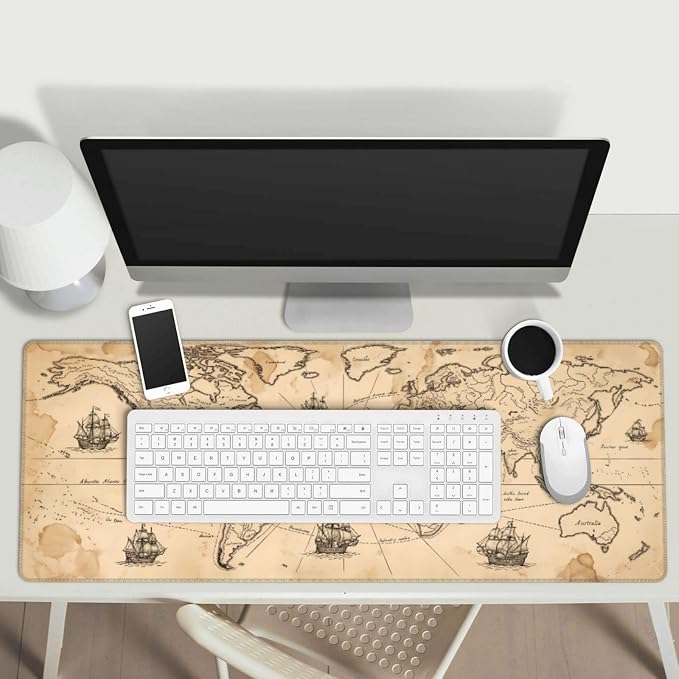Vintage Map Gaming Mouse Pad Large Extended Desk Mat Non-Slip Rubber Base Keyboard Pad with Stitched Edges for Office Gaming 31.5x11.8 in