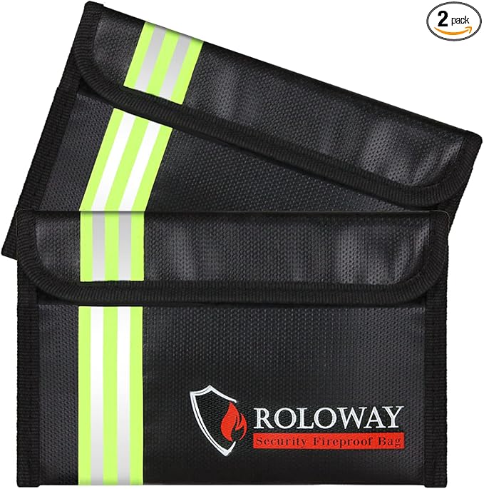 Small Fireproof Bag (5 x 8 inches) with Reflective Strip, Fireproof Money Bag for Cash, Valuables, Passport, Currency & Keys (2-Pack Black)