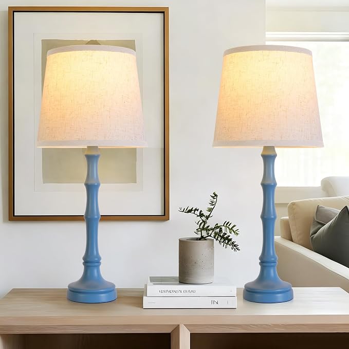 Lamps Set of 2 Modern Farmhouse Table Lamp Bedside Reading Lamps Living Room End Tables Set Lamps for Night Stands Bedroom Night Lamp,High 26.25 Inch,blue,With Fabric Lamp Shade,Bulb Not Included