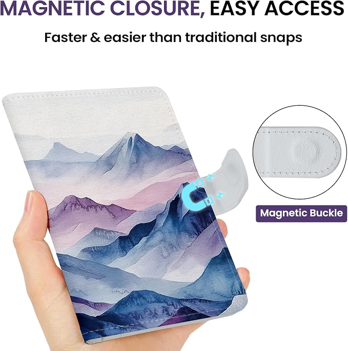 Passport Holder for Travel Essentials, RFID Blocking Leather Cover Wallet with Magnetic Closure, Aesthetic & Cute Passport Book Case for Women and Men - Hill