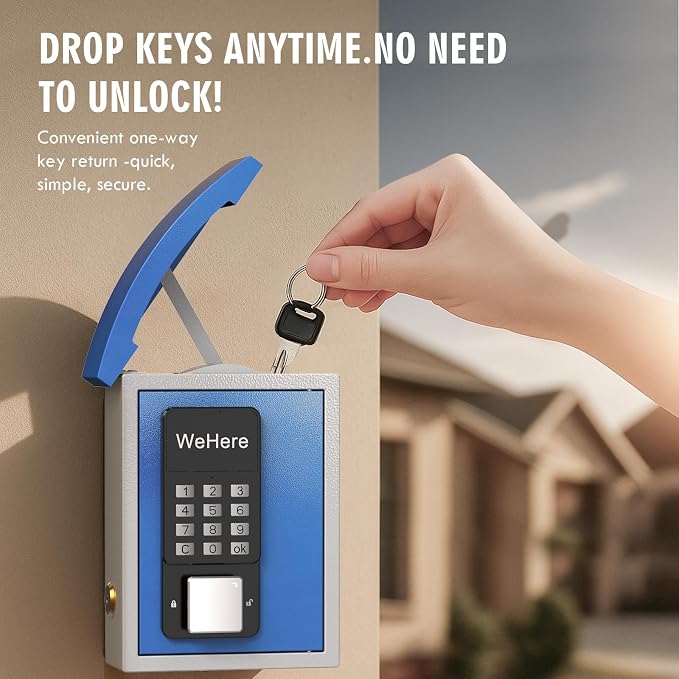 WeHere Key Lock Box Wall Mount with Key Drop Slot, Smart Digital Lockbox, OTP/APP Bluetooth/Wi-Fi/Fixed Code/Key Unlock, Key Safe Security Storage for House Outside, Realty Business, Apartment, Store