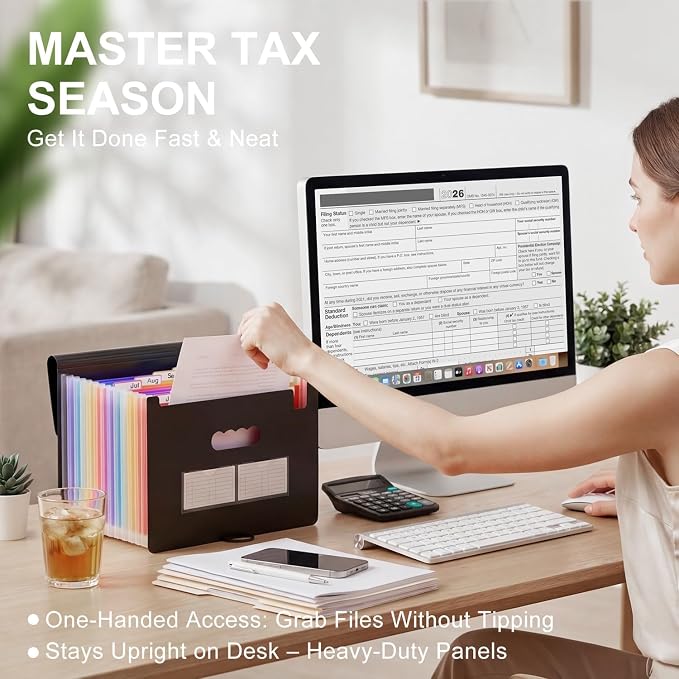 ThinkTex 10-Pack Accordion File Folders - 12 Pockets Bulk Organizer | , Heavy Duty Letter/A4 Document Holder with Color Tabs for Business Tax, School & Office & Back to School Supplies - Black
