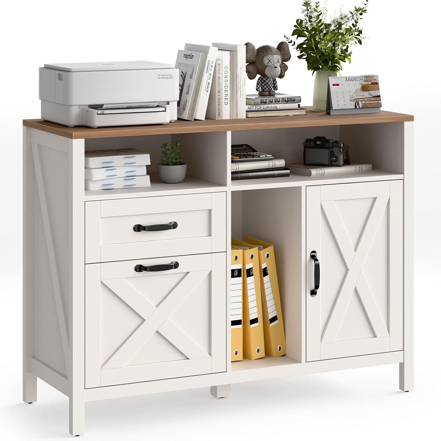 Lateral File Cabinet with 2 Drawers and Door, Farmhouse File Cabinet for A4/Letter Size Hanging Files, Large Wood File Storage Cabinets Printer Stand with Open Space for Home Office Furniture, White