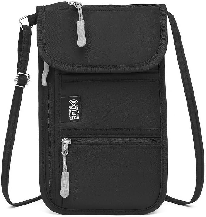 RFID Blocking Passport Holder for Travel Neck Wallet with Adjustable Lanyard 6 Compartments Pouches Passport Wallet for Family (Black)