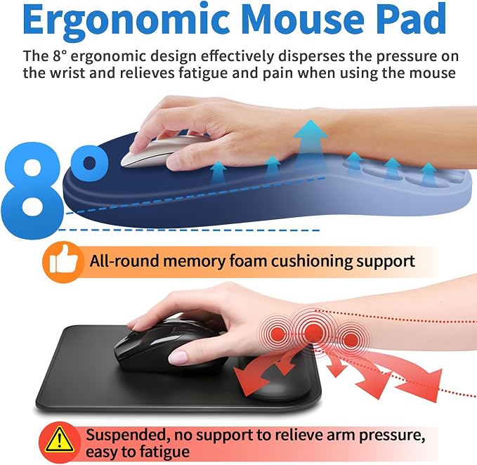 YIWEI Ergonomic Mouse Pad with Wrist Rest for Carpal Tunnel Pain Relief | Memory Foam Wrist Support,Non-Slip Rubber Base, Keyboard Computer Mousepad,Lycra Cloth Surface,Gaming Home Office