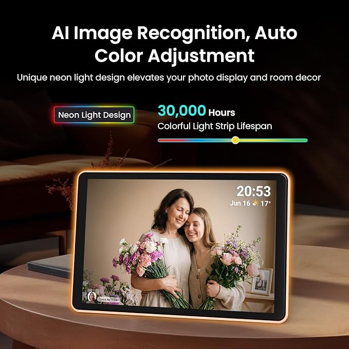 ApoloSign Neon Light Digital Picture Frame, Desk Digital Calendar, Auto-synced Schedule via Frameo App - 10.1" HD Touchscreen | AI Color-Changing LED | Share Photo/Video Instantly | Gift for Parents