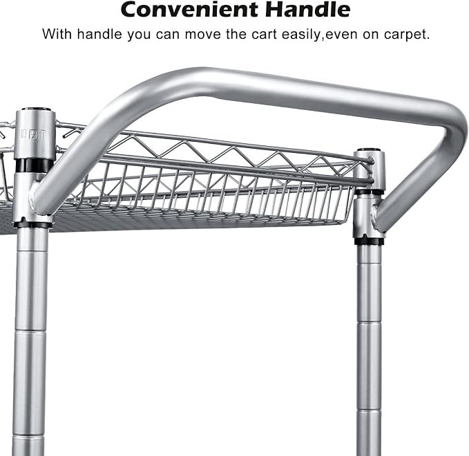 990Lbs Capacity Heavy Duty Rolling Utility Cart, NSF Rolling Carts with Wheels,Commercial Grade Metal Cart with Handle Bar & Shelf Liner,Trolley Serving Cart for Restaurant,Kitchen,Gray
