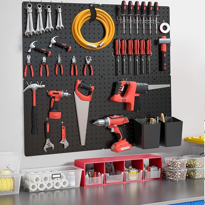 FZK Modular Plastic Peg Board Wall Organizer Kit, 16x16, Black | Features 33 storage accessories, heavy duty 200 pounds capacity, suitable for garage workshop, craft room and office wall
