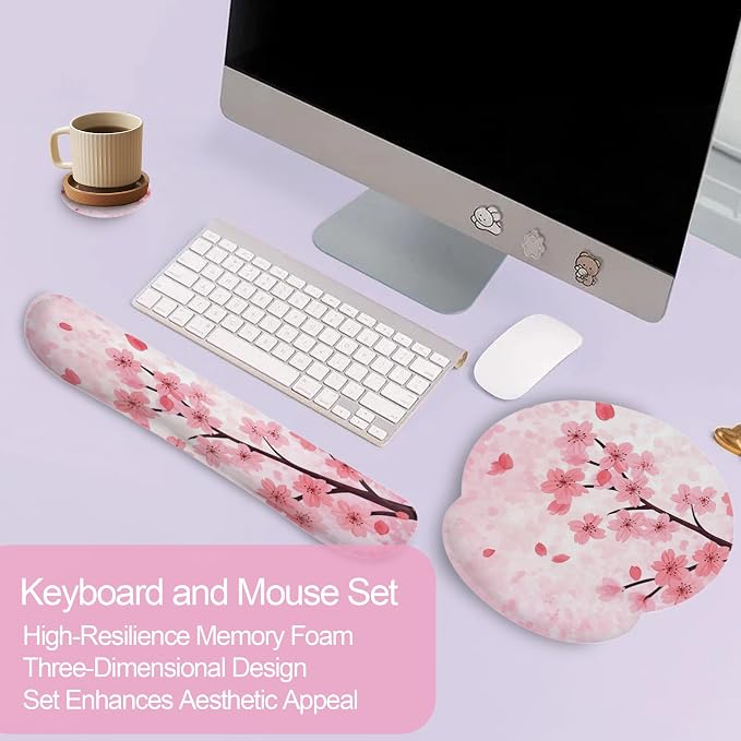 Cherry Blossom Pink Flower Mouse Pad with Wrist Rest Set, 3-in-1 Wrist Support Mousepad Set, Gaming Mat Pad with Anti-Skid Base,Ergonomic Memory Foam Mouse Pad Set for Women, Office, Typing, Gaming