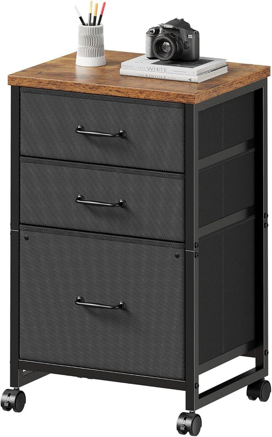 3 Drawer File Cabinet with Wheels with Open Storage Shelf, Rustic Brown
