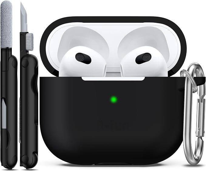 R-fun Compatible with AirPods 3 Case Cover, Silicone Protective Accessories Skin with Keychain Compatible with Apple AirPod 3rd Generation 2021 for Women Men Girls Boys,Front LED Visible,Black