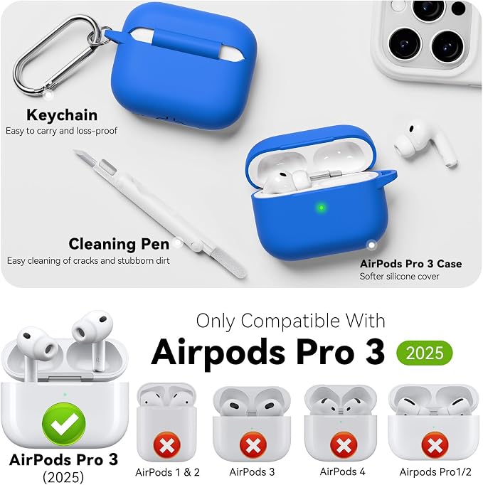 for AirPods Pro 3 Case 2025,Come with Cleaner Kit,Blue | Silicone Protective Cover for Airpod Pro 3rd Generation Case with Keychain,for Women Men,One-Piece Design,Shockproof