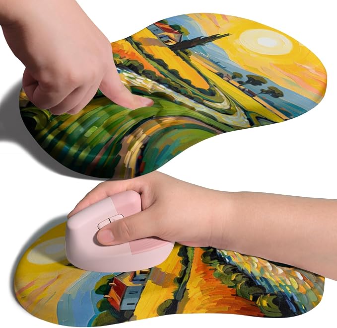 Ergonomic Joint Wrist Support Mouse Pad with Memory Foam Cushion Massage Bump, Carpal Tunnel Pain Relief Mousepad Slope Design for Wrist Rest, 11.8x7.9 in, Warm Sun