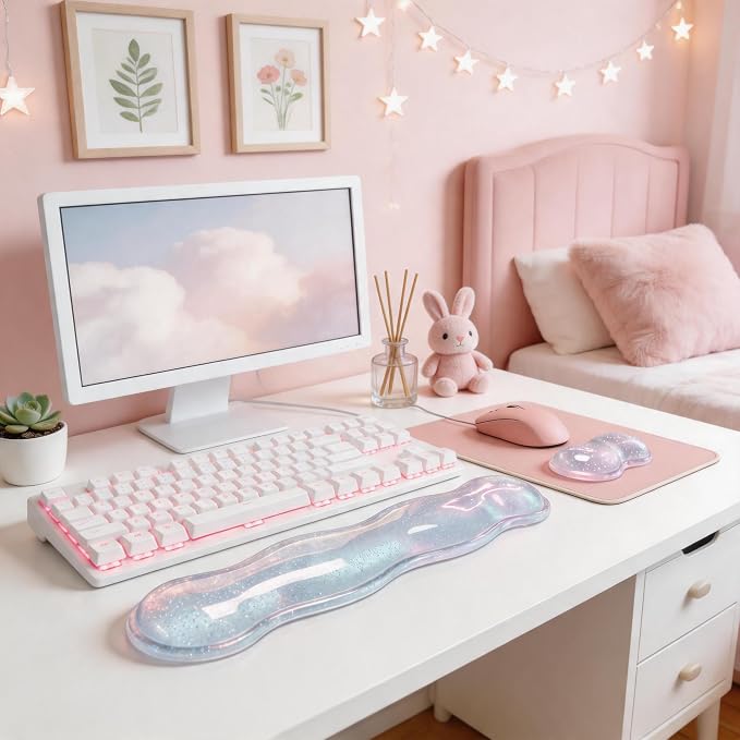 Wrist Rest for Keyboard and Mouse, Ergonomic Mouse Hand Rest Set, Cute Glitter Cloud Keyboard Pad with Wrist Support, Gel Desk Decor Accessories for Office Gaming School (Blue)