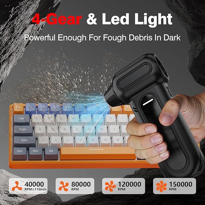 ANABOX Electric Air Duster – 150,000 RPM Brushless Cordless Blower, 4-Speed Adjustable, 8000mAh Rechargeable Battery, LED Light, for Computer, Keyboard, Car, Home & Outdoor Cleaning