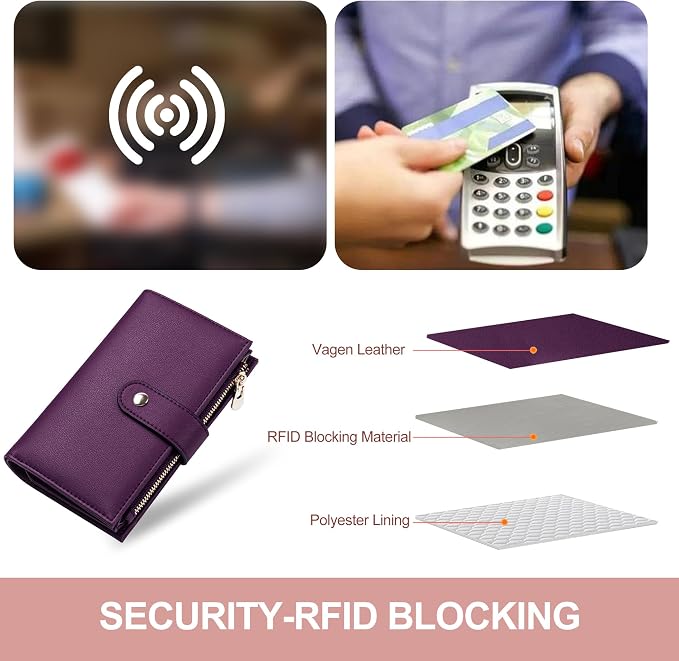 Womens Wallet RFID Blocking Vegan Leather Trifold Clutch Credit Card Holder Ladies Travel Wallet Purse with Passport/Pen Holder