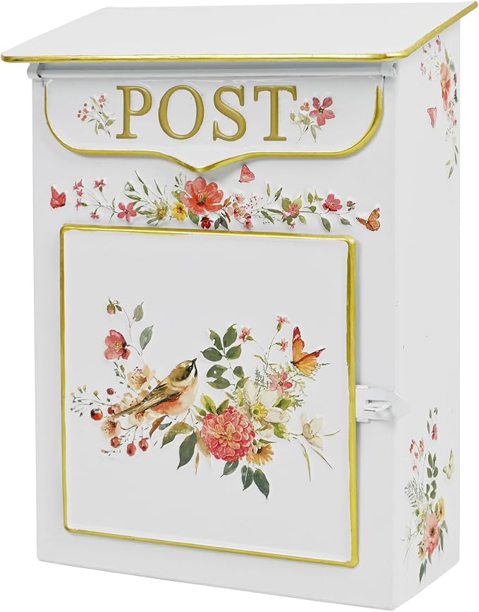 Mailbox Wall Mount Mailboxes for Outside Vintage Mail Boxes for House Outside Metal Drop Box Antique Style Nostalgic Charm Home Decorative, Flower Pattern White