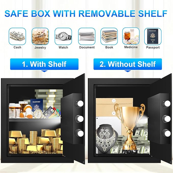 2.0 Cuft Security Safes for Home Use Fire and Water Proof, Steel Safe Box for Home with Combination Lock, Alarm System and Removable Shelf, Anti-theft Fireproof Lock Box for Money, Documents