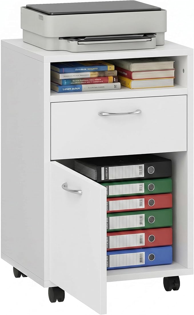 HOMCOM Mobile Storage Cabinet Organizer, Bathroom Drawer Cabinet, White | Printer Stand, Castors