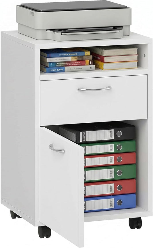 HOMCOM Mobile Storage Cabinet Organizer, Bathroom Drawer Cabinet, White | Printer Stand, Castors