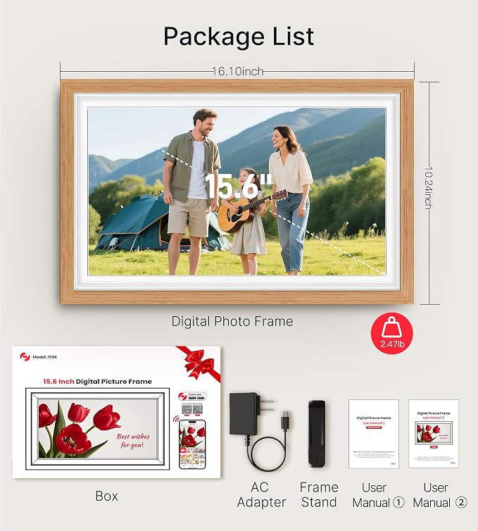 64GB Frameo 15.6" Digital Picture Frame Large 1920 x 1080 IPS FHD Touch Screen WiFi Electronic Photo Frames Share Moments Instantly Anywhere Best Gifts for Parents and Grandparents Natural Wood