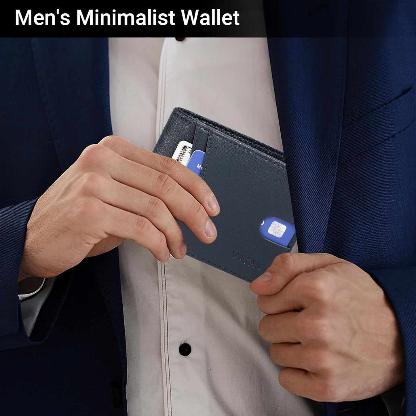 VATAN Wallet for Men, Mens Minimalist Wallet Credit Card Holder, Slim Leather Rfid 2 ID Window Large Capacity With Gift Box (Cross Grain Deep Blue)