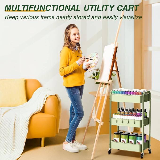 LEHOM 3 Tier Rolling Cart, Metal Rolling Utility Cart with Lockable Wheels | Multi-Functional Heavy Duty Storage Cart Organizer for Bathroom, Kitchen, Office, Living Room, Rolling Storage Trolley