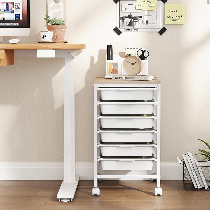 Giantex Rolling Storage Cart with 6 Drawers, Utility Cart w/Wooden Tabletop, Lockable Wheels, Multipurpose Organizer for Art Craft Books Paper, Drawer Carts for Dorm Classroom Office, White