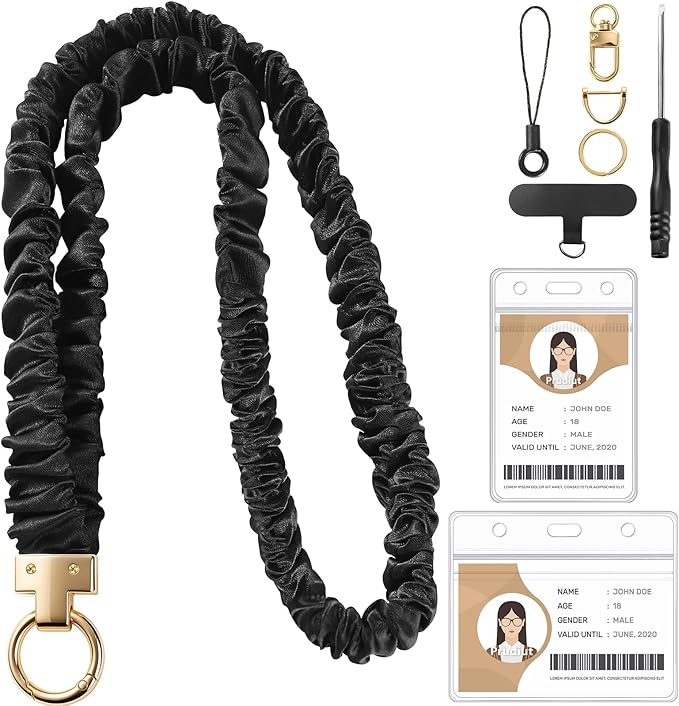 Prudiut Scrunchie Lanyard for Id Badges, Teacher Gifts Lanyards Black Stretchy Scrunchie Lanyard with Id Holder for Women