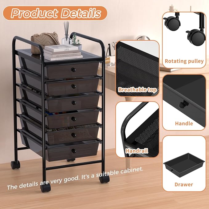 6 Tier Utility Rolling Cart with 6 Drawers Multipurpose Rolling Storage Cart with Wheels and Handles for Office Classroom Kitchen Bathroom Bedroom Organization Black